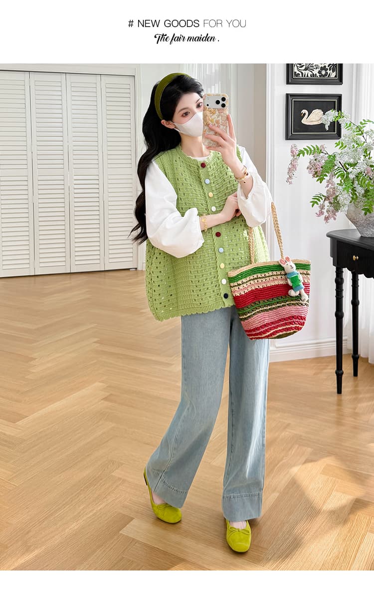 실사 지금 캐주얼 루즈핏 순면 긴팔 사탕 색상 한 부서 홀로우 아웃 베스트 트렌디 엄마 투피스 슈트 상세 이미지 27
