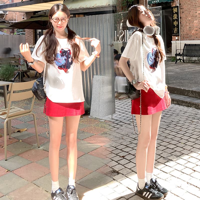여름 지금 한국 스타일 루즈핏 무거운 작업 수건 자수 연령 감소 순면 티셔츠 운동 반신 스커트 트렌디 엄마 세트 이미지 3