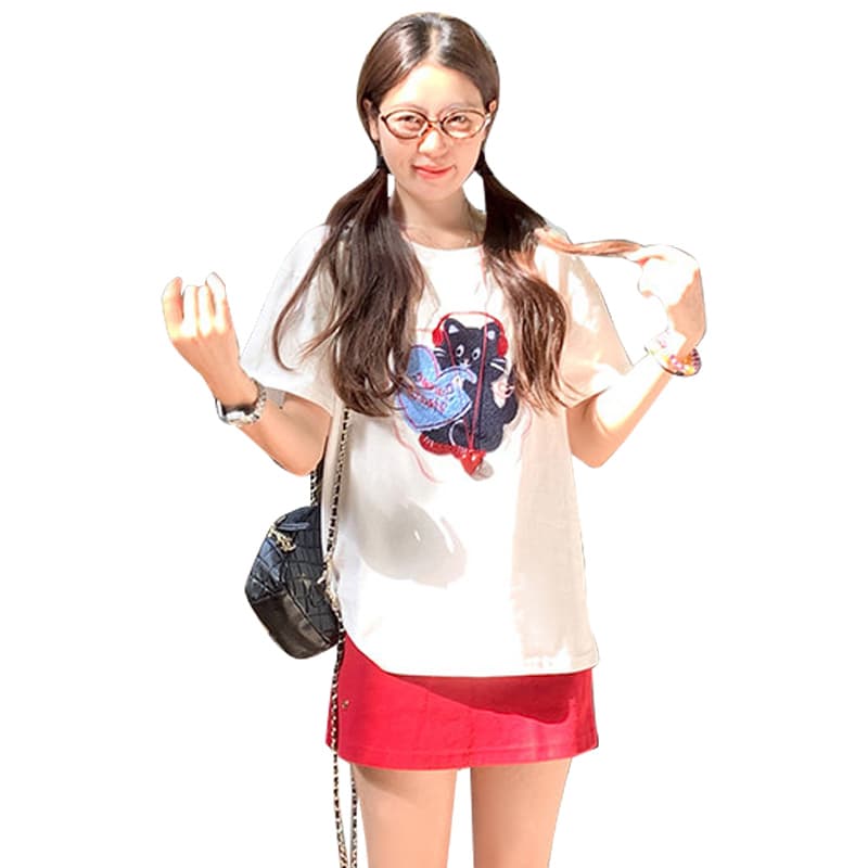 여름 지금 한국 스타일 루즈핏 무거운 작업 수건 자수 연령 감소 순면 티셔츠 운동 반신 스커트 트렌디 엄마 세트 이미지 5