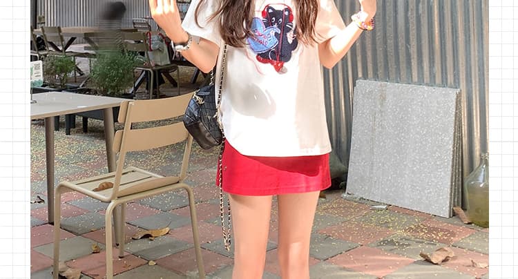 여름 지금 한국 스타일 루즈핏 무거운 작업 수건 자수 연령 감소 순면 티셔츠 운동 반신 스커트 트렌디 엄마 세트 상세 이미지 2