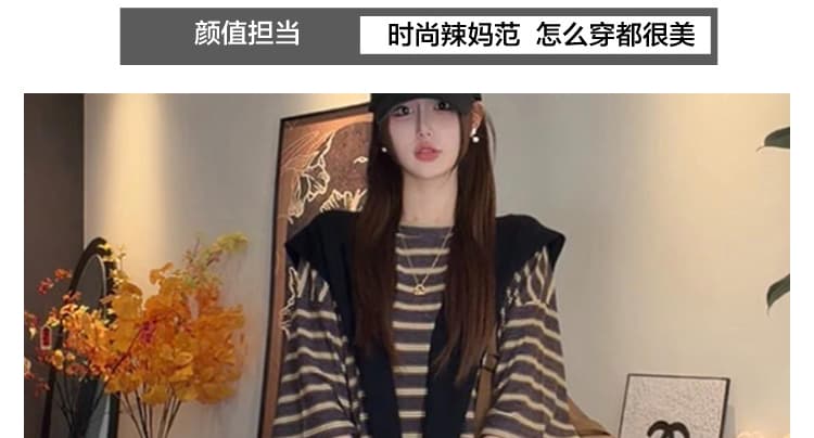 여름 지금 한국 스타일 루즈핏 익스트림 제인 슬림해 보이는 표지 배 느긋한 센스 스트라이프 임신 엄마 편안함 드레스 벨트 숄 상세 이미지 4