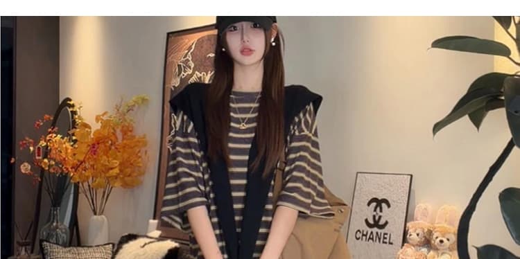 여름 지금 한국 스타일 루즈핏 익스트림 제인 슬림해 보이는 표지 배 느긋한 센스 스트라이프 임신 엄마 편안함 드레스 벨트 숄 상세 이미지 18