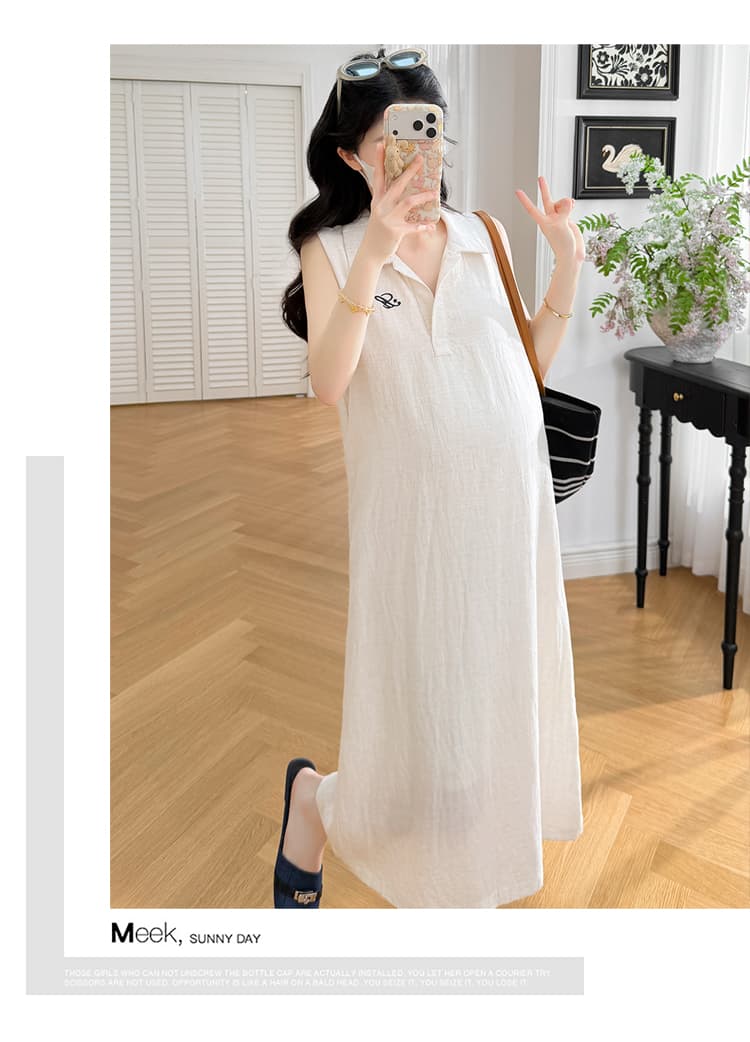 실사 지금 한 부서 루즈핏 캐주얼 POLO 칼라 민소매 조끼 임신 엄마 미니멀리즘 드레스 상세 이미지 15
