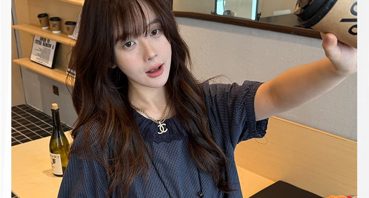 여름 새로운 지금 한국 스타일 루즈핏 연령 감소 꽃잎 칼라 임신 엄마 체크무늬 드레스 상세 이미지 7
