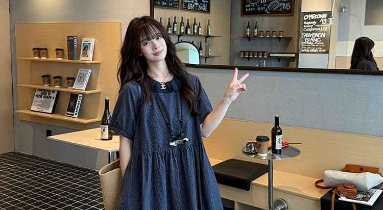 여름 새로운 지금 한국 스타일 루즈핏 연령 감소 꽃잎 칼라 임신 엄마 체크무늬 드레스 상세 이미지 16