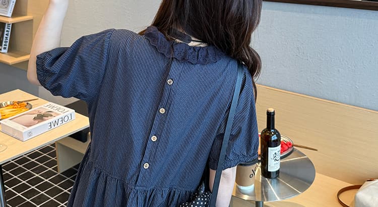 여름 새로운 지금 한국 스타일 루즈핏 연령 감소 꽃잎 칼라 임신 엄마 체크무늬 드레스 상세 이미지 31