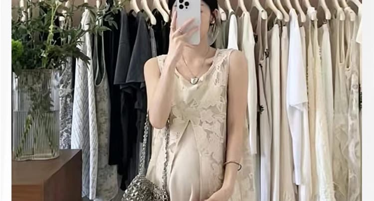 여름 새로운 무거운 작업 프랑스식 자카드 조끼 블라우스 미니멀리즘 슬립 드레스 임신 엄마 품격 세트 상세 이미지 7