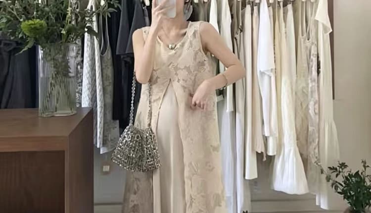 여름 새로운 무거운 작업 프랑스식 자카드 조끼 블라우스 미니멀리즘 슬립 드레스 임신 엄마 품격 세트 상세 이미지 23