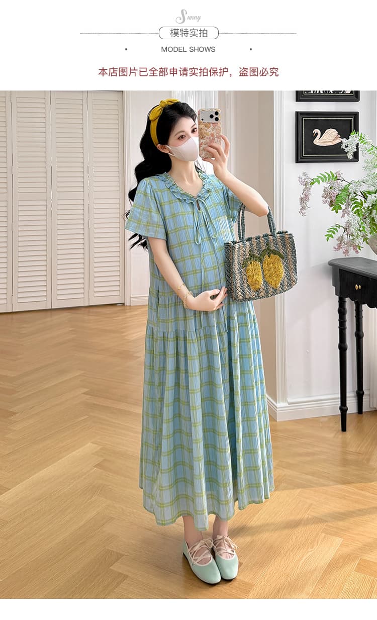 실사 지금 여름 프랑스식 작은 대중 체크무늬 임신 엄마 디스플레이 화이트 루즈핏 드레스 상세 이미지 8