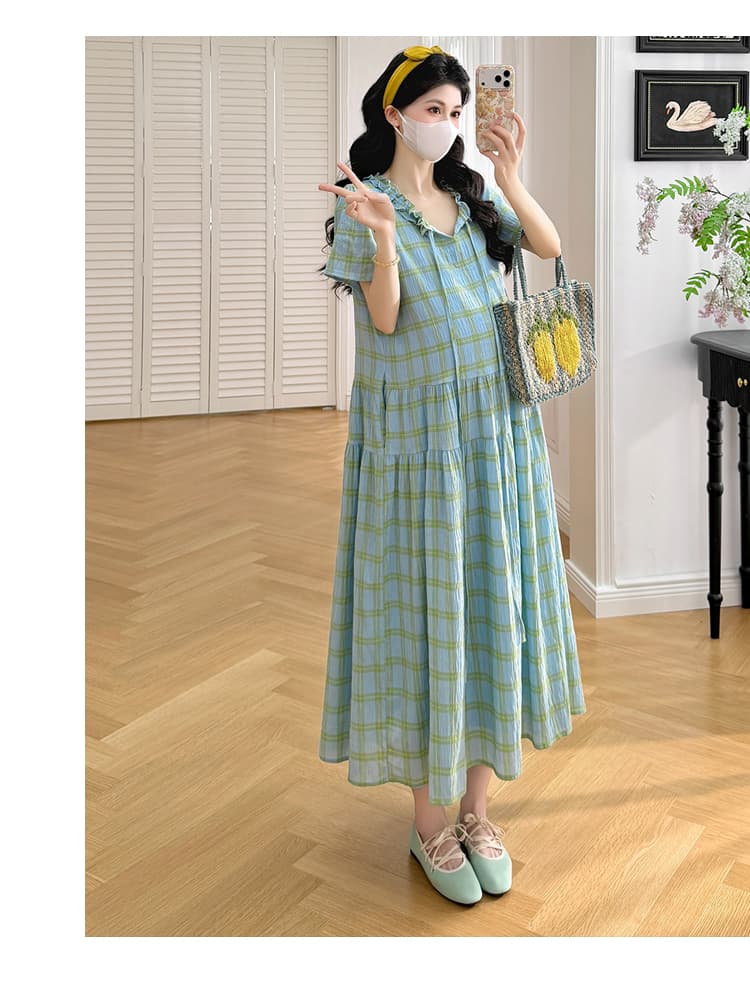 실사 지금 여름 프랑스식 작은 대중 체크무늬 임신 엄마 디스플레이 화이트 루즈핏 드레스 상세 이미지 16
