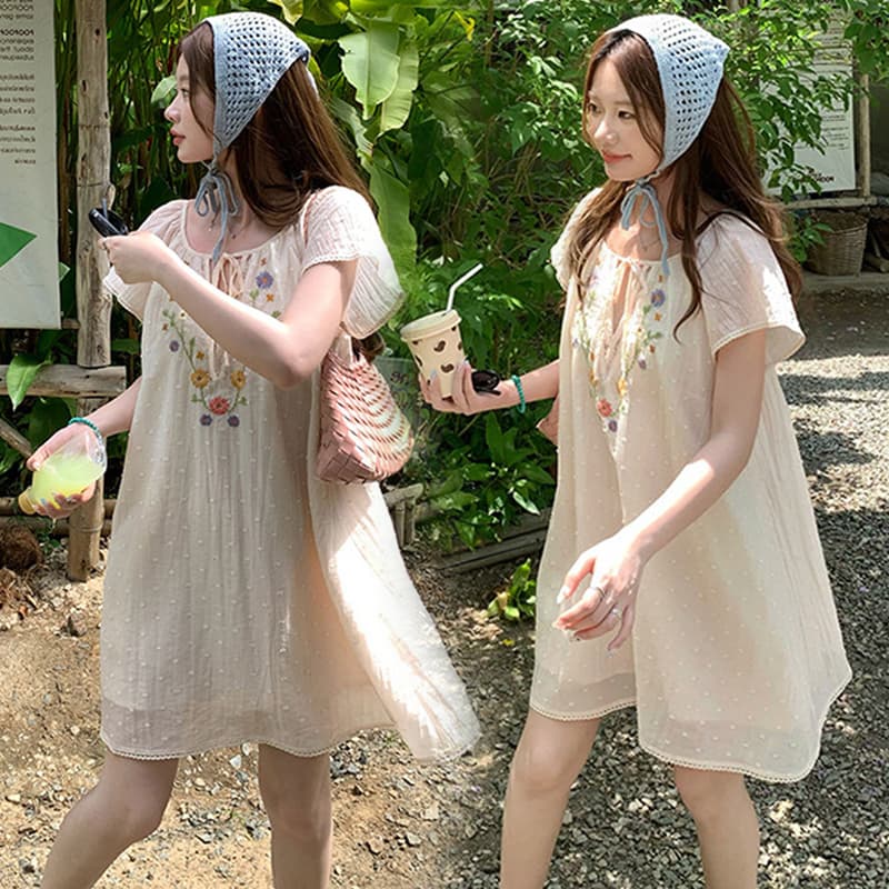 여름 새로운 한 부서 절묘한 자수 레이스 패치워크 임신 엄마 부드러운 드레스 이미지 4