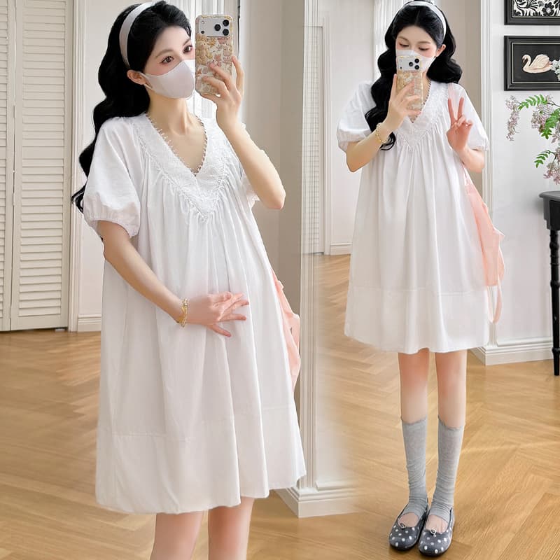 실사 지금 여름 프랑스식 레이스 V넥 루즈핏 표지 배 임신 엄마 신선함 샤오 바이 치마 이미지 3