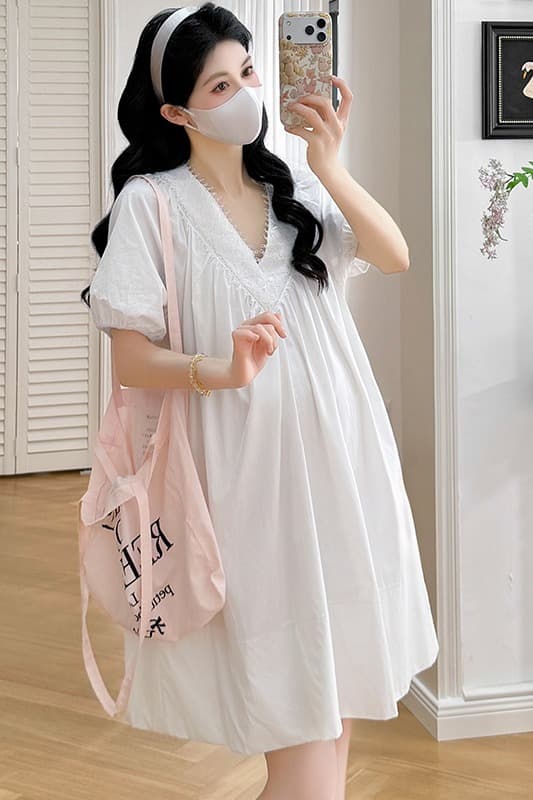 실사 지금 여름 프랑스식 레이스 V넥 루즈핏 표지 배 임신 엄마 신선함 샤오 바이 치마 이미지 7