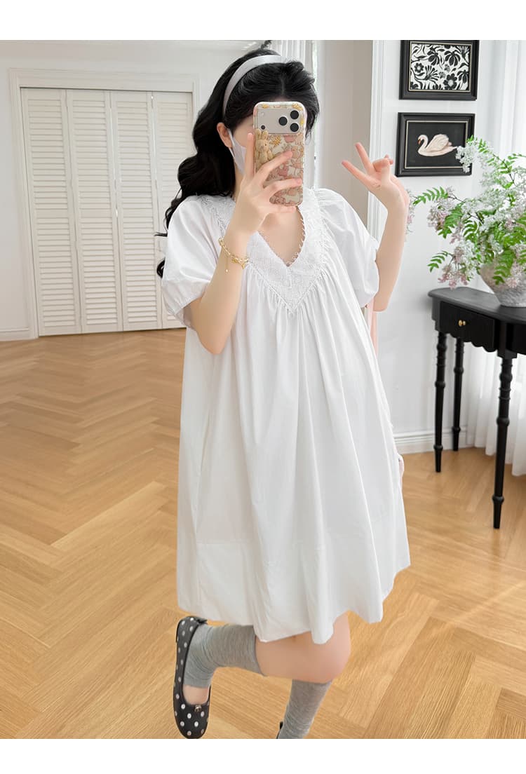 실사 지금 여름 프랑스식 레이스 V넥 루즈핏 표지 배 임신 엄마 신선함 샤오 바이 치마 상세 이미지 14