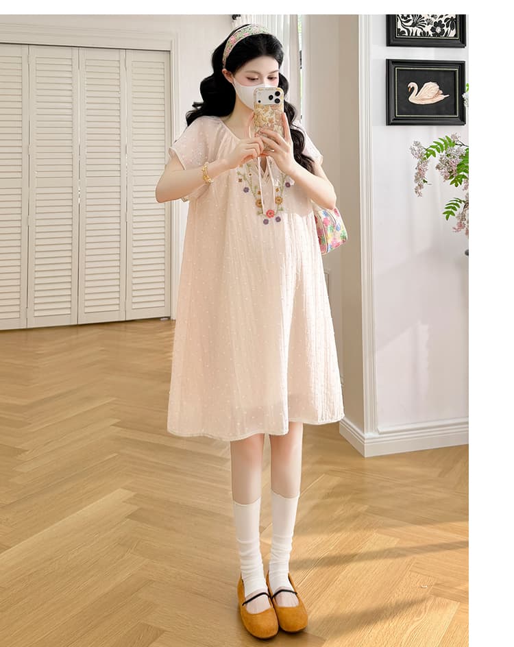 실사 지금 한 부서 절묘한 자수 레이스 패치워크 임신 엄마 부드러운 요정 가스 드레스 상세 이미지 9