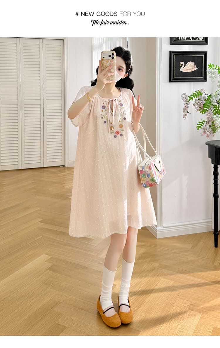 실사 지금 한 부서 절묘한 자수 레이스 패치워크 임신 엄마 부드러운 요정 가스 드레스 상세 이미지 10