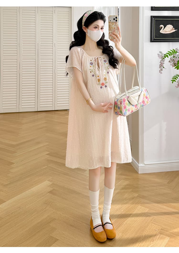 실사 지금 한 부서 절묘한 자수 레이스 패치워크 임신 엄마 부드러운 요정 가스 드레스 상세 이미지 11