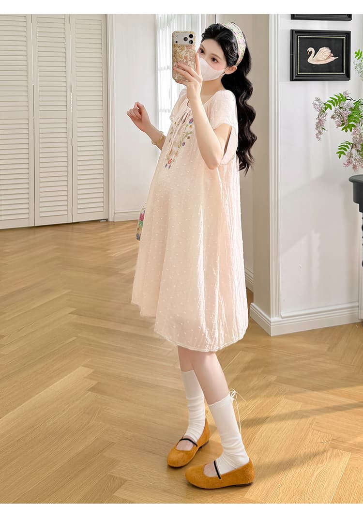 실사 지금 한 부서 절묘한 자수 레이스 패치워크 임신 엄마 부드러운 요정 가스 드레스 상세 이미지 17