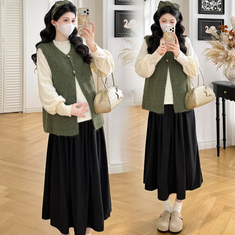 실사 지금 디스플레이 화이트 스웨터 베스트 프릴 기본 셔츠 펌프 로프 반신 스커트 임신 엄마 프랑스식 세 조각 세트 이미지 3