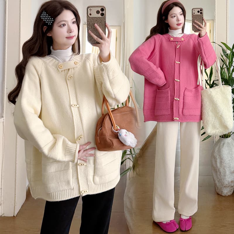 실사 지금 편안함 기본 셔츠 루즈핏 두꺼운 캐주얼 소뿔 버클 스웨터 코트 바지 트렌디 엄마 3종 세트 이미지 3