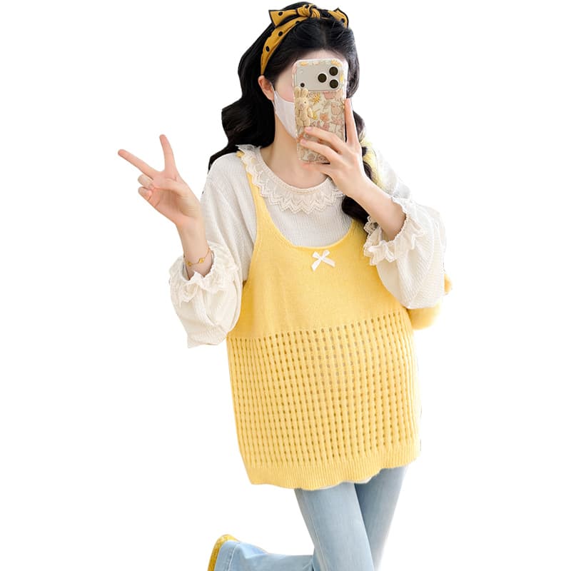 실사 지금 한 부서 레이스 달콤함 긴팔 신선함 홀로우 아웃 니트 조끼 베스트 임신 엄마 연령 감소 투피스 세트 이미지 6