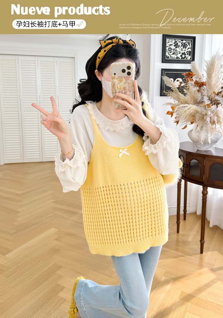 실사 지금 한 부서 레이스 달콤함 긴팔 신선함 홀로우 아웃 니트 조끼 베스트 임신 엄마 연령 감소 투피스 세트 상세 이미지 1