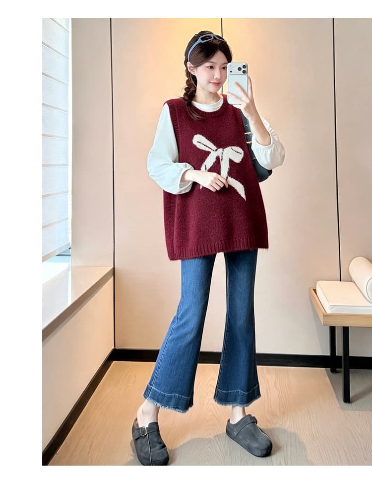 실사 지금 가을 한국 스타일 캐주얼 루즈핏 긴팔 프랑스식 나비 매듭 대 에디션 니트 베스트 트렌디 엄마 투피스 세트 상세 이미지 36