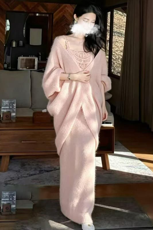 가을 겨울 지금 프랑스식 부드러운 품격 루즈핏 오픈 가디건 슬립 드레스 임신 엄마 스웨터 투피스 슈트 이미지 6