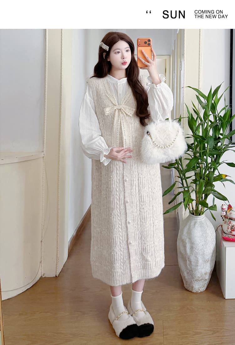 실사 지금 가을 자카드 셔츠 롱 스커트 프랑스식 나비 매듭 니트 조끼 스커트 임신 엄마 투피스 슈트 상세 이미지 26