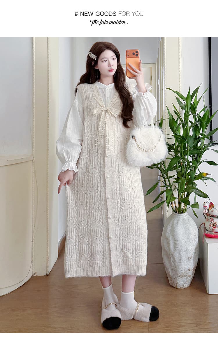 실사 지금 가을 자카드 셔츠 롱 스커트 프랑스식 나비 매듭 니트 조끼 스커트 임신 엄마 투피스 슈트 상세 이미지 29
