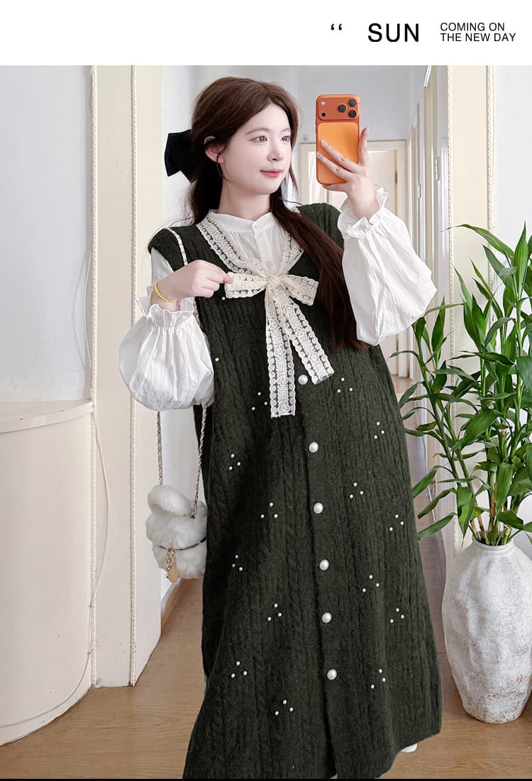 실사 지금 가을 자카드 셔츠 롱 스커트 프랑스식 나비 매듭 니트 조끼 스커트 임신 엄마 투피스 슈트 상세 이미지 43