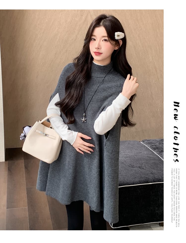 실사 지금 가을 겨울 높음 폭탄 니트 기본 셔츠 프랑스식 루즈핏 대 에디션 망토 재킷 임신 엄마 투피스 세트 상세 이미지 17