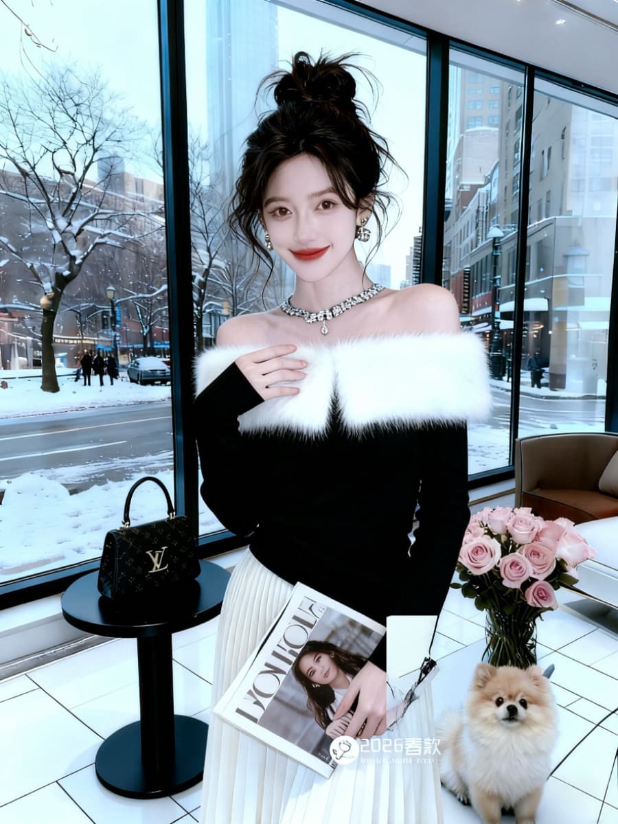 실사 열세 개 2026 봄 드레스 새로운 오프숄더 니트 스웨터 여성 빛 럭셔리 명문 여성 바람 화이트 모피 칼라 스웨터 상세 이미지 4