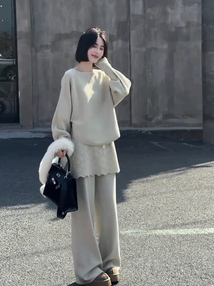 좋은 바늘 봄 인기 착용 가져 가라. 전체 집합 2026 새로운 라운드 넥 루즈핏 니트 스웨터 다용도 캐주얼 바지 투피스 세트 상세 이미지 33