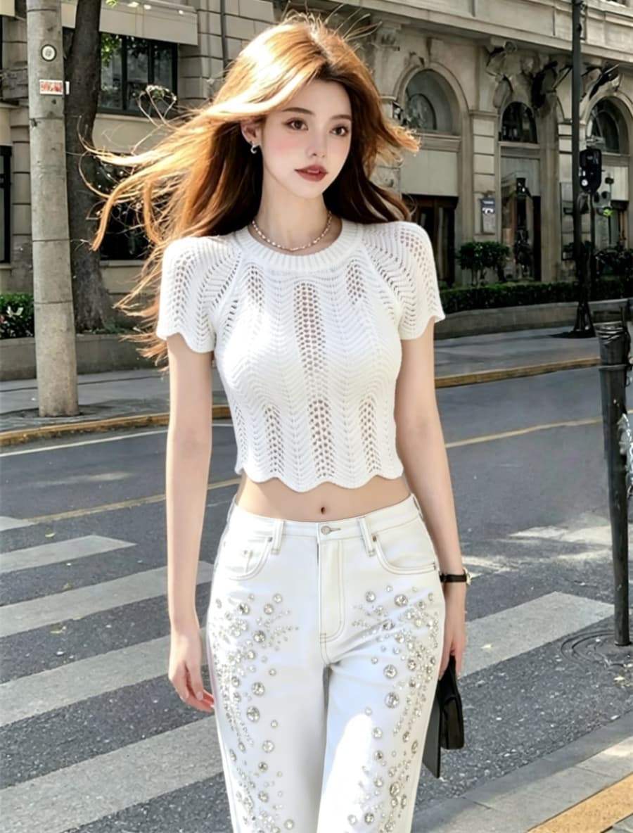 2026 시작 중 그림 여름 얇은 스타일 니트 패션 캐주얼 시리즈 13 호선 같은 단락 얼음 실크 홀로우 아웃 쇼트 스타일 맨위 여성 상세 이미지 1