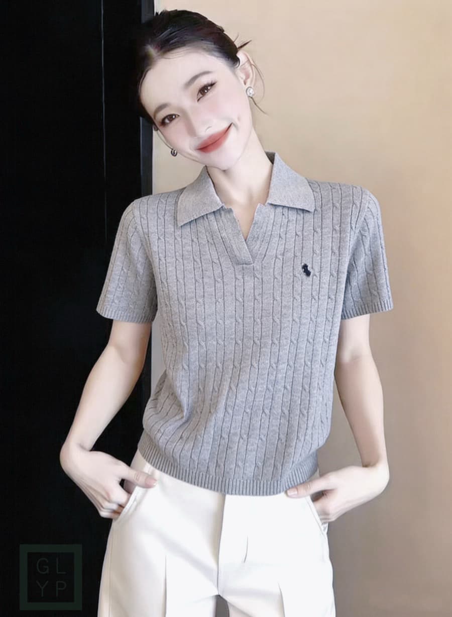 2026 시작 중 그림 js 얇은 니트 스웨터 느긋한 캐주얼 바람 13 호선 같은 단락 말의 해 POLO 칼라 반팔 맨위 여성 이미지 4