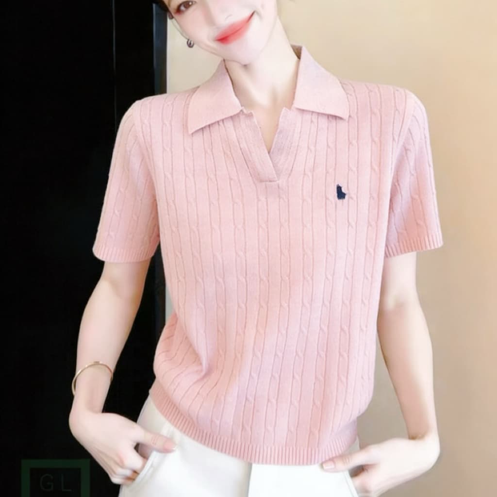 2026 시작 중 그림 js 얇은 니트 스웨터 느긋한 캐주얼 바람 13 호선 같은 단락 말의 해 POLO 칼라 반팔 맨위 여성 이미지 5