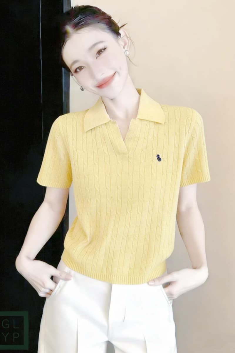 2026 시작 중 그림 js 얇은 니트 스웨터 느긋한 캐주얼 바람 13 호선 같은 단락 말의 해 POLO 칼라 반팔 맨위 여성 상세 이미지 1