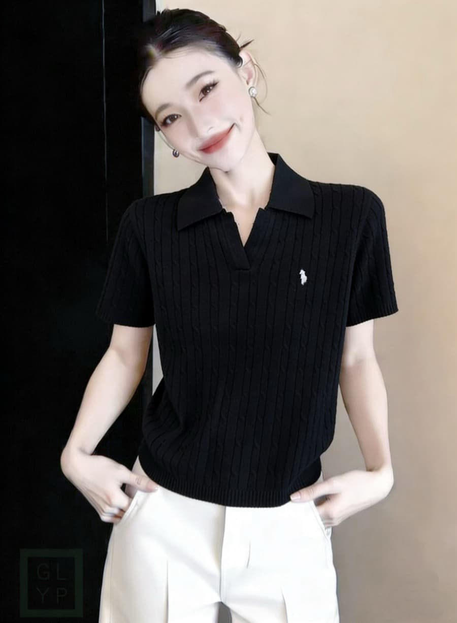 2026 시작 중 그림 js 얇은 니트 스웨터 느긋한 캐주얼 바람 13 호선 같은 단락 말의 해 POLO 칼라 반팔 맨위 여성 상세 이미지 3