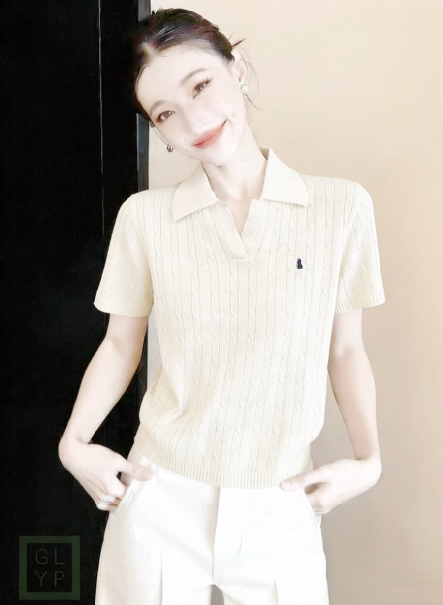 2026 시작 중 그림 js 얇은 니트 스웨터 느긋한 캐주얼 바람 13 호선 같은 단락 말의 해 POLO 칼라 반팔 맨위 여성 상세 이미지 4