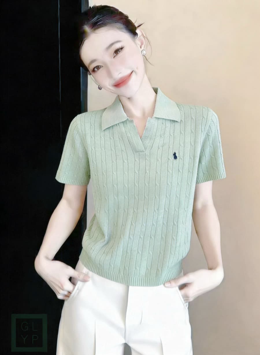 2026 시작 중 그림 js 얇은 니트 스웨터 느긋한 캐주얼 바람 13 호선 같은 단락 말의 해 POLO 칼라 반팔 맨위 여성 상세 이미지 5