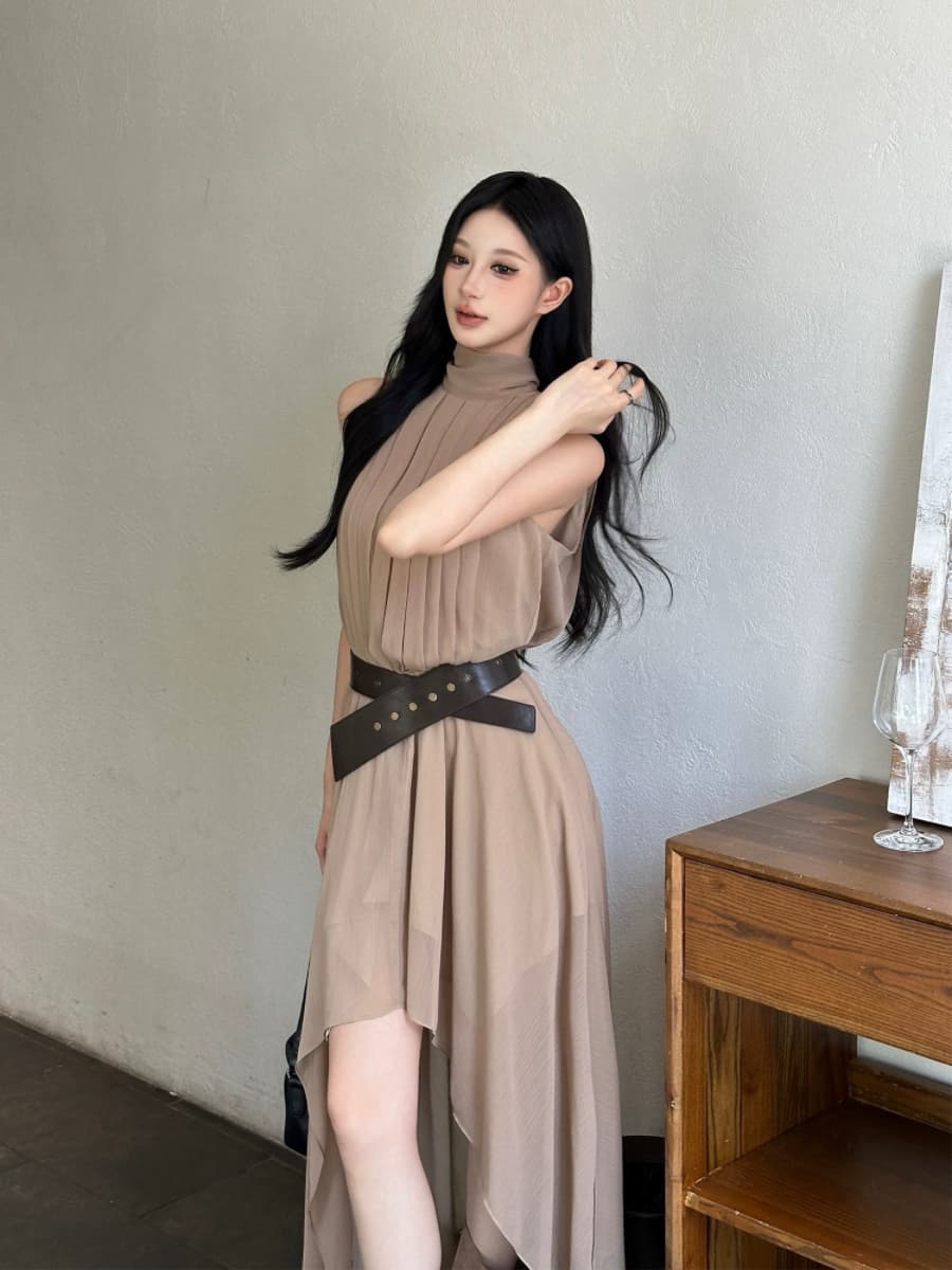 2026 새로운 고급 센스 주름 쉬폰 불규칙 롱 스커트 품격 슬림해 보이는 슈퍼 요정 프랑스식 휴가 여성 드레스 상세 이미지 10