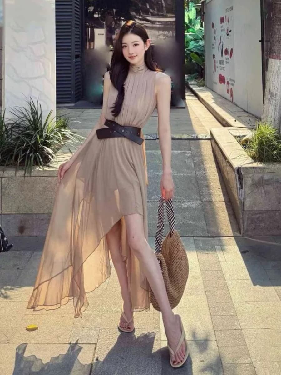 2026 새로운 고급 센스 주름 쉬폰 불규칙 롱 스커트 품격 슬림해 보이는 슈퍼 요정 프랑스식 휴가 여성 드레스 상세 이미지 22