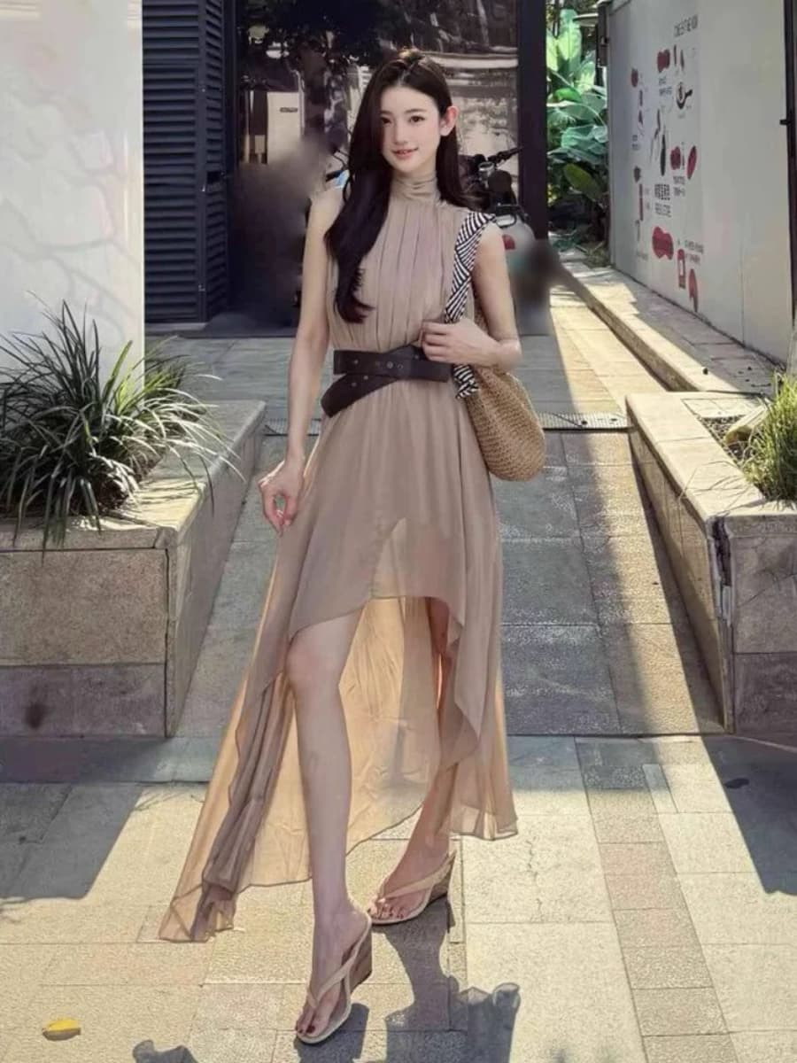 2026 새로운 고급 센스 주름 쉬폰 불규칙 롱 스커트 품격 슬림해 보이는 슈퍼 요정 프랑스식 휴가 여성 드레스 상세 이미지 25