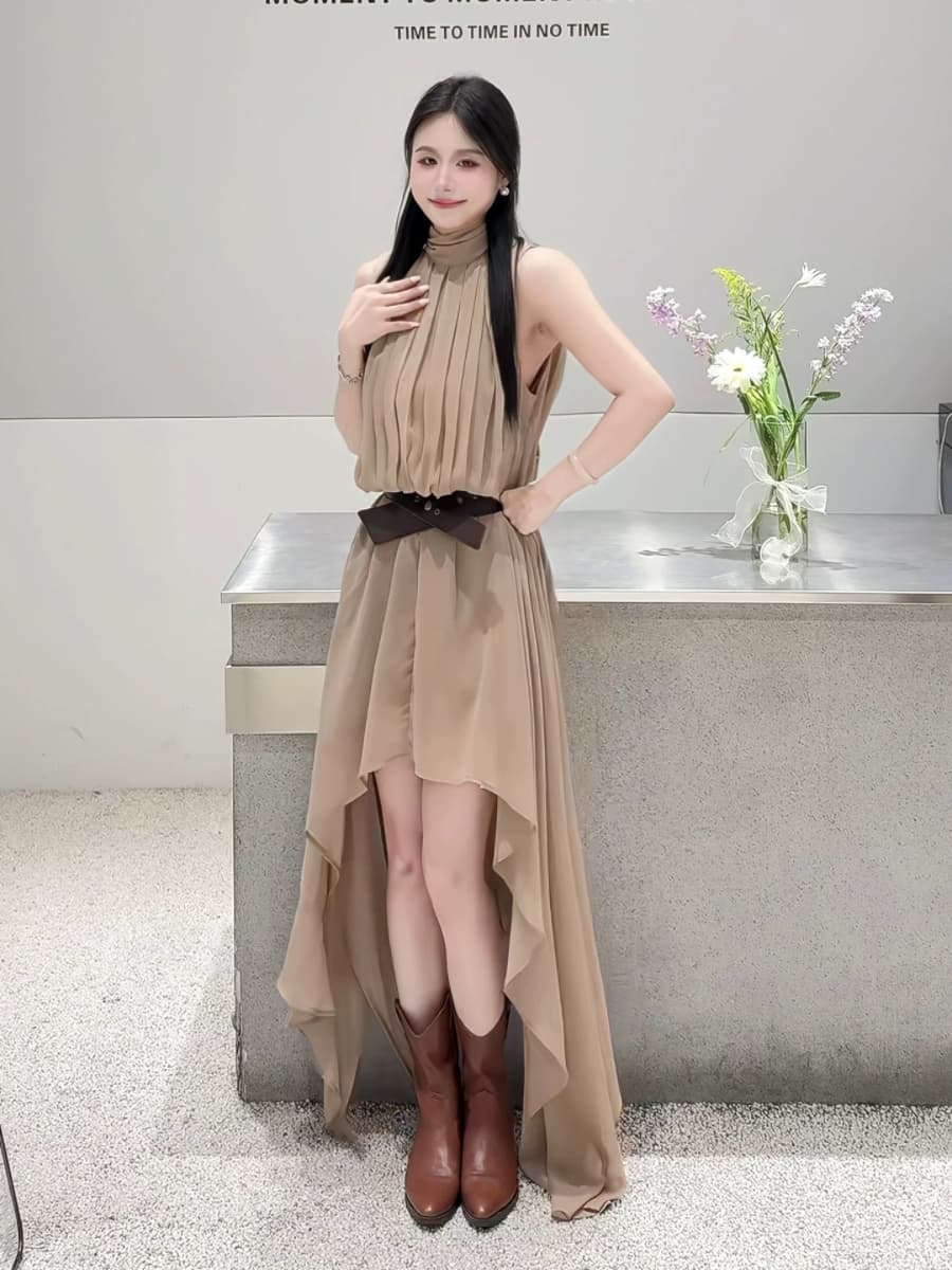 2026 새로운 고급 센스 주름 쉬폰 불규칙 롱 스커트 품격 슬림해 보이는 슈퍼 요정 프랑스식 휴가 여성 드레스 상세 이미지 28