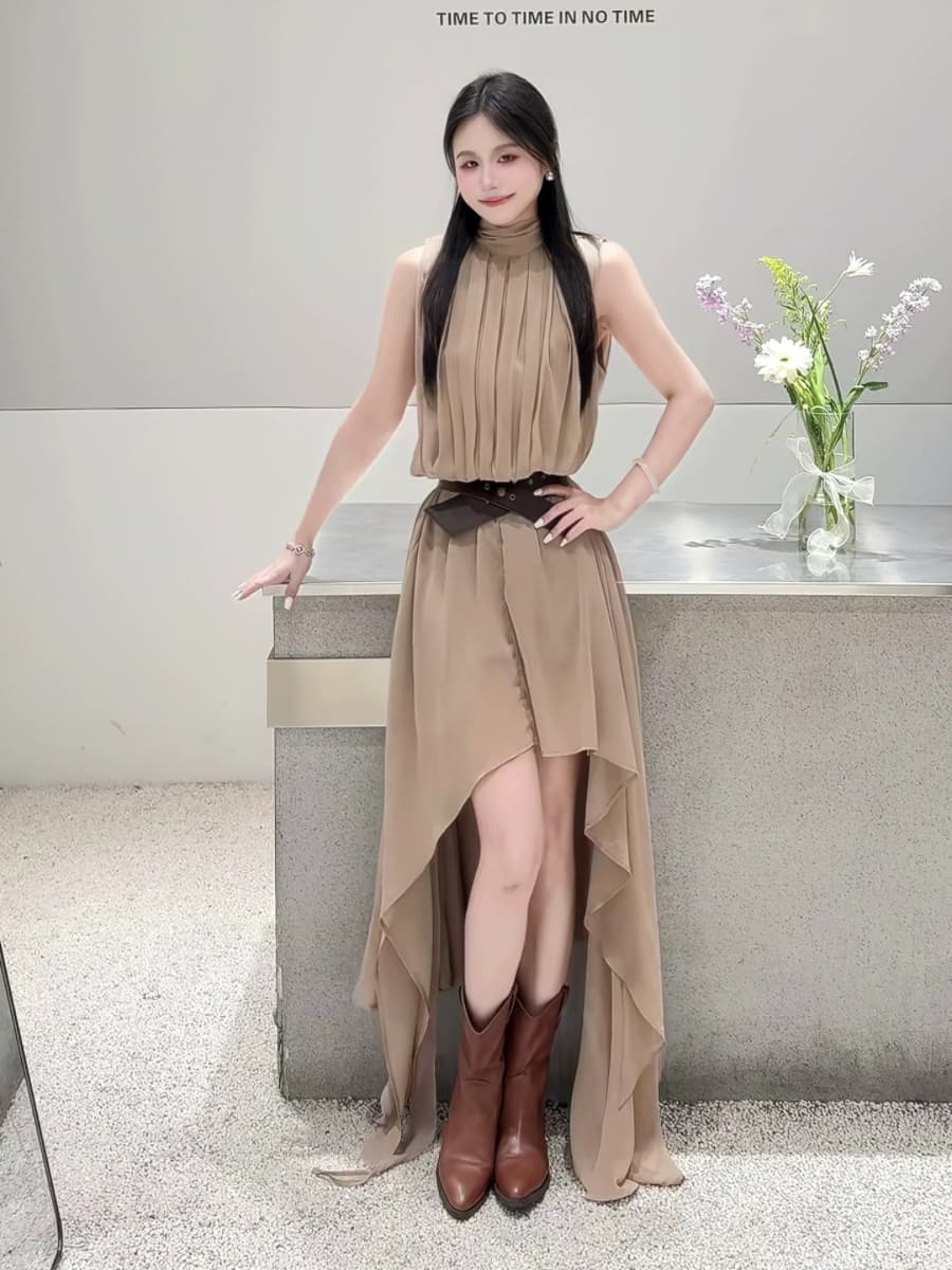 2026 새로운 고급 센스 주름 쉬폰 불규칙 롱 스커트 품격 슬림해 보이는 슈퍼 요정 프랑스식 휴가 여성 드레스 상세 이미지 29
