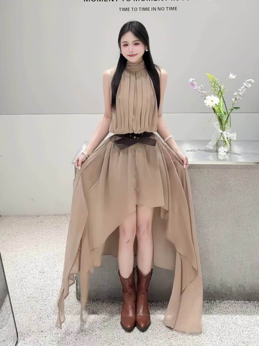 2026 새로운 고급 센스 주름 쉬폰 불규칙 롱 스커트 품격 슬림해 보이는 슈퍼 요정 프랑스식 휴가 여성 드레스 상세 이미지 30