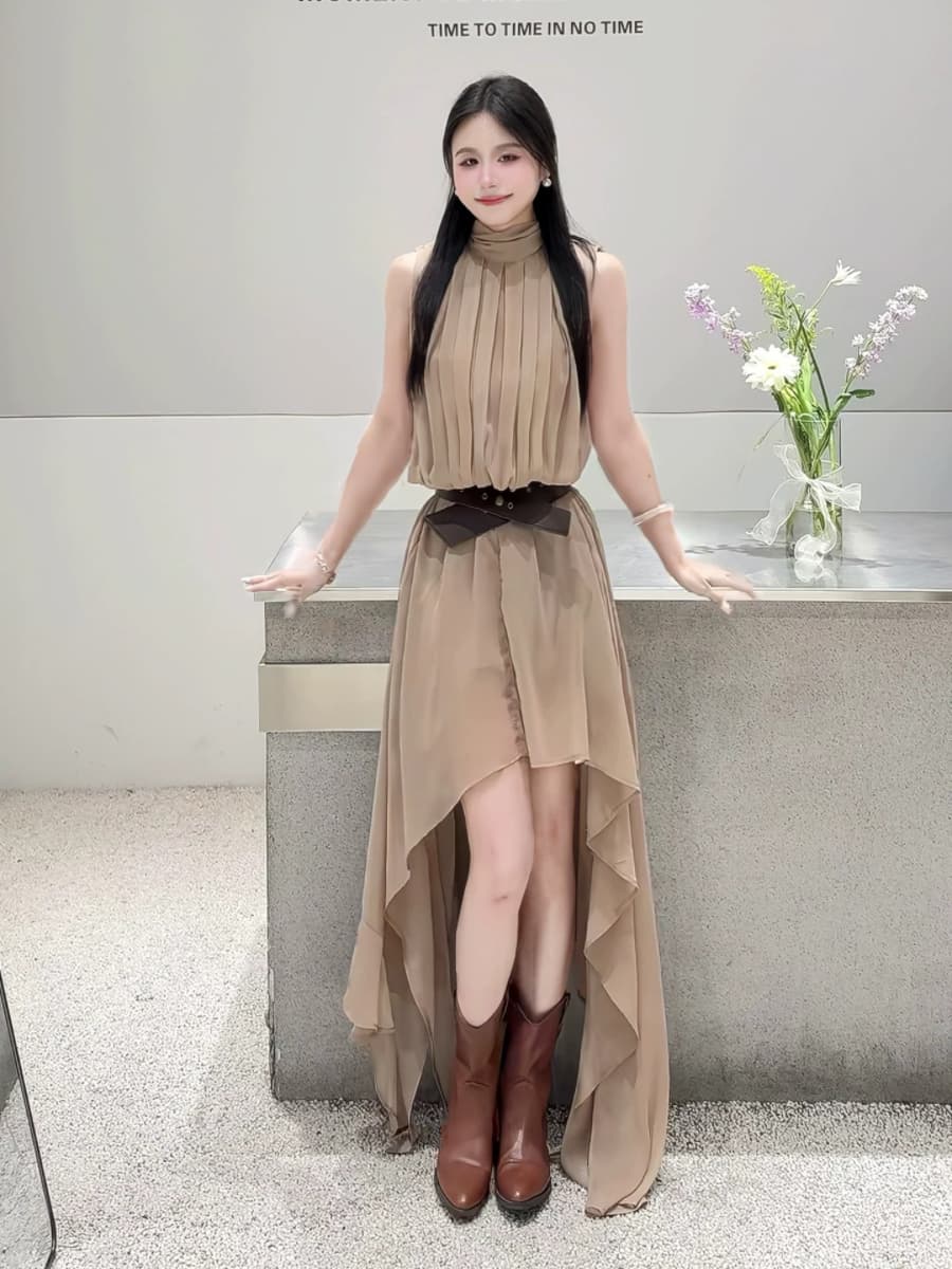 2026 새로운 고급 센스 주름 쉬폰 불규칙 롱 스커트 품격 슬림해 보이는 슈퍼 요정 프랑스식 휴가 여성 드레스 상세 이미지 31