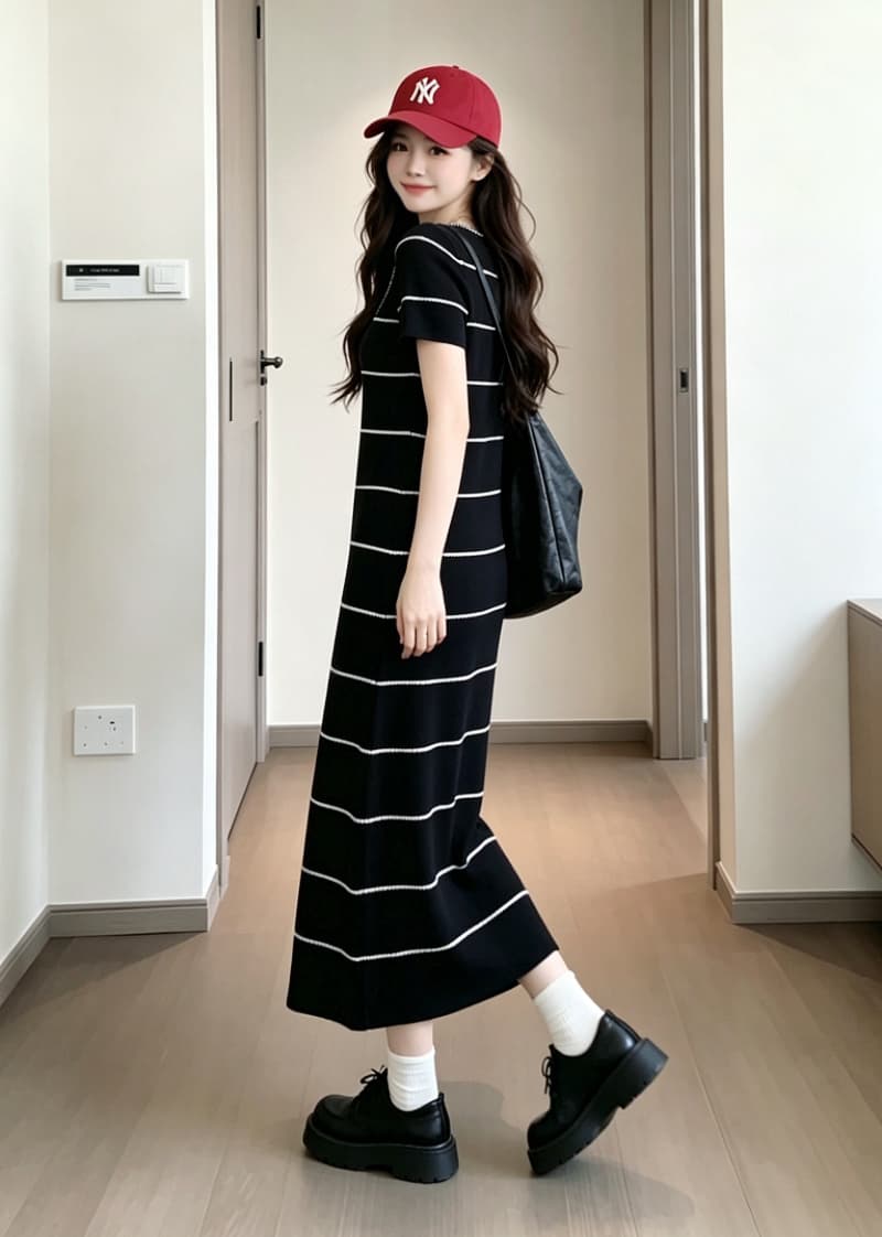 실사 6 월 6 월 junjun 휴일 샤오시엔 흑백 줄무늬 배색 자수 품격 허리 수축 여성 드레스 여름 이미지 3