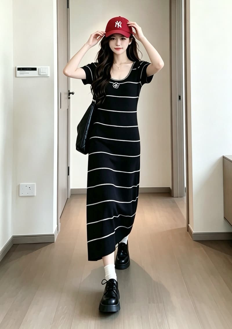 실사 6 월 6 월 junjun 휴일 샤오시엔 흑백 줄무늬 배색 자수 품격 허리 수축 여성 드레스 여름 이미지 4